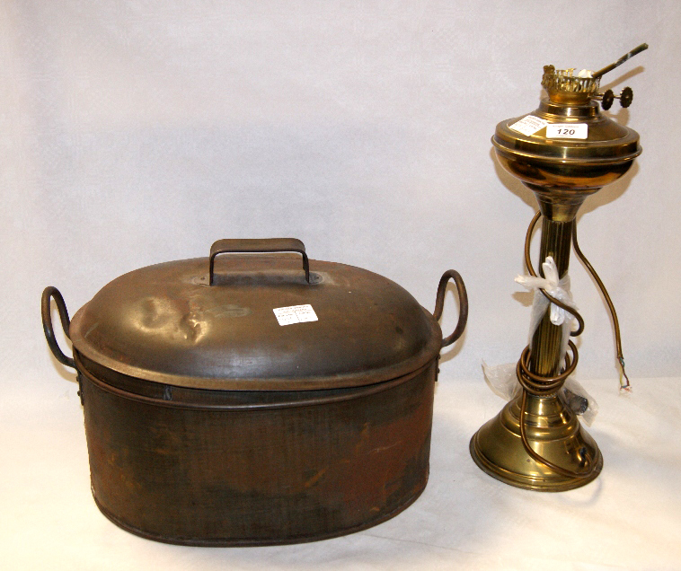 19th Century copper fish kettle and cover of large proportions, together with a brass oil lamp