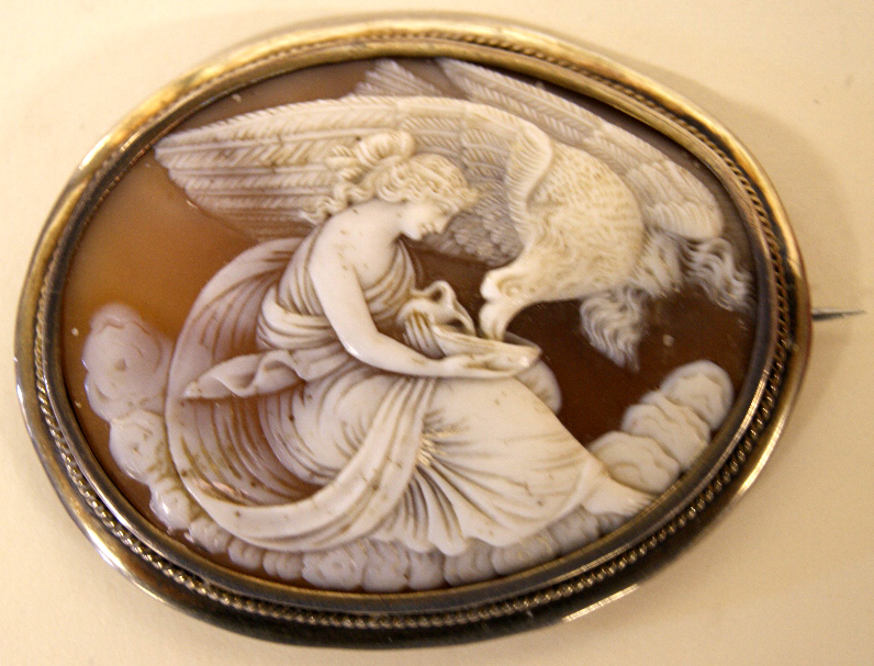 Excellent quality large carved cameo, classical scene with a female with a bird in flight. Yellow