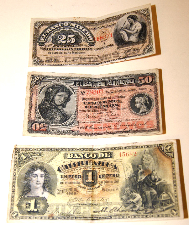 Bank notes - Mexico: un Peso, 1889, Banco de Chihuahua, cincuenta Centavos, 1888, Banco de Menero