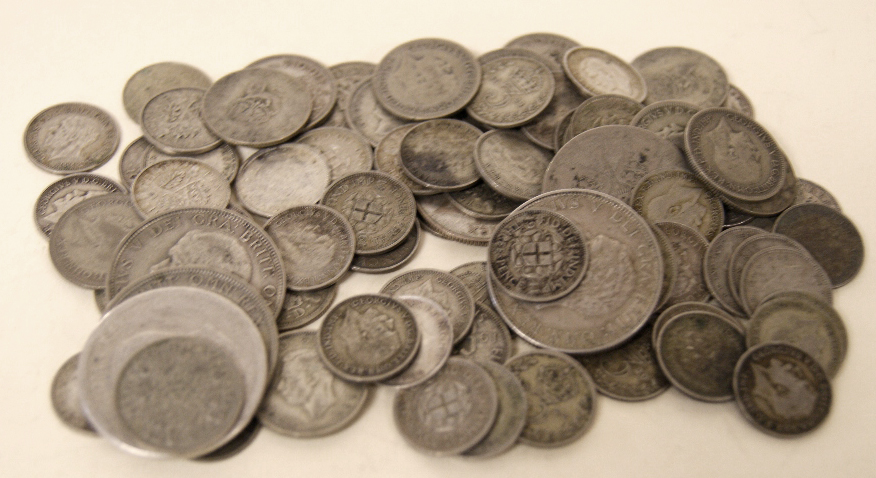 Large selection of pre-decimal silver coinage etc. Total approximate weight 210g
