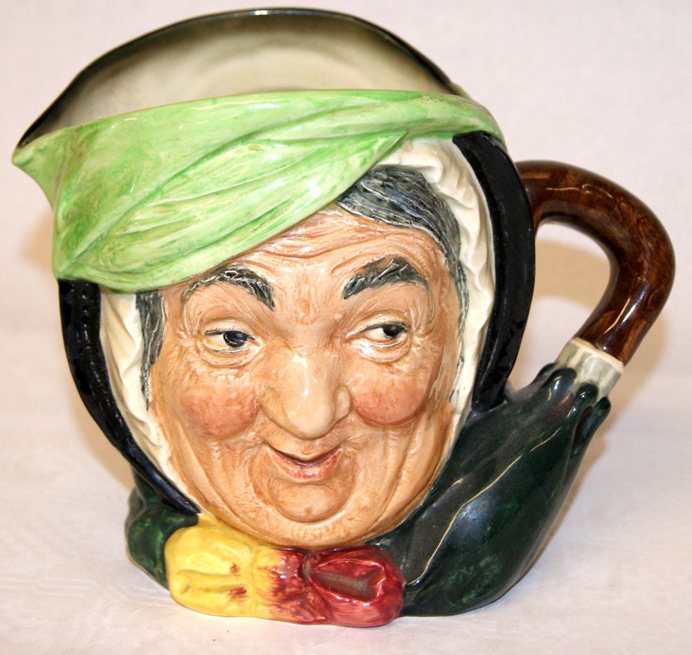 Royal Doulton glazed ceramic character jug "Sairey Gamp", green stamp to the base