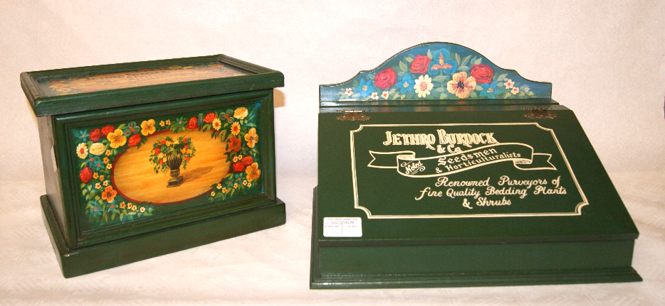 Two 20th Century painted pine boxes, with printed advertising decoration for Jethro Burdock & Co.