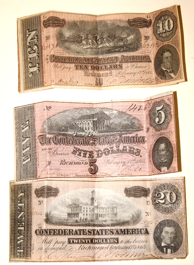 Bank notes - Confederate States of America: five Dollars, 1864, ten Dollars, 1864 and twenty