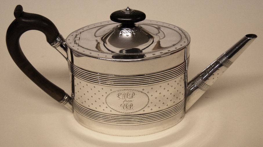 Hallmarked silver George III teapot circa 1795. Maker Henry Chawner, London Assay, date letter '