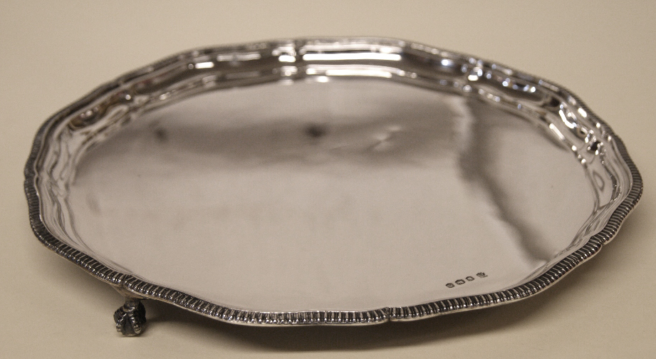 Hallmarked silver circular salver, circa 1949. Maker Cooper Brothers and Sons, Sheffield Assay, date