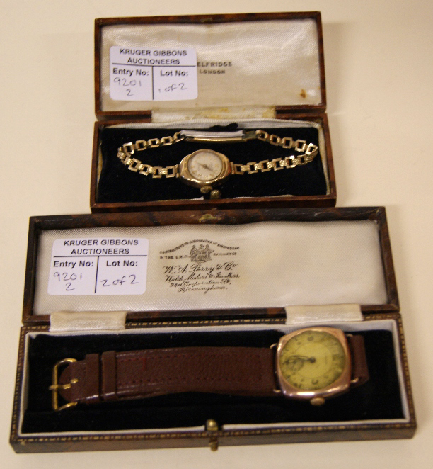 9ct yellow gold cased gentleman's wristwatch on a leather strap, together with a Chalet ladies 9ct