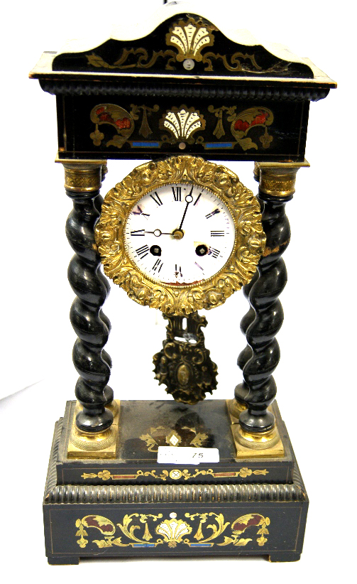 Ebonised and inlaid mantle clock CONDITION REPORT; Poor condition, but a good starting point for