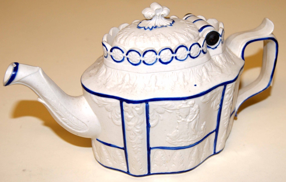 Felspathic salt-glazed stoneware teapot, Castleford style with hinged cover. Impressed mark '22'