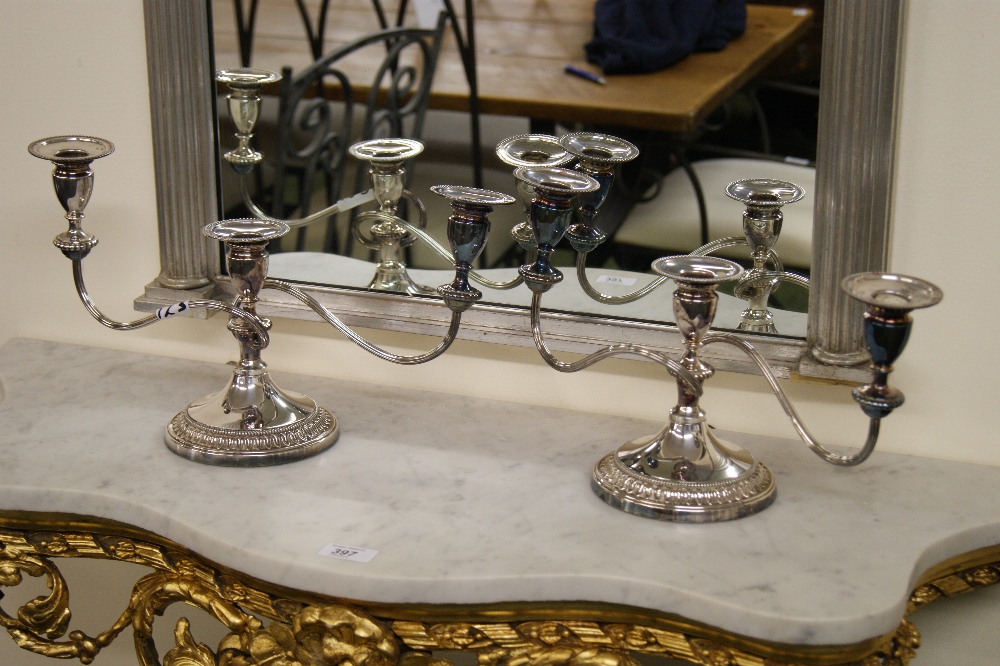 Good pair of silver-plated candelabra, three sconce with impressed Viners stamp to the circular