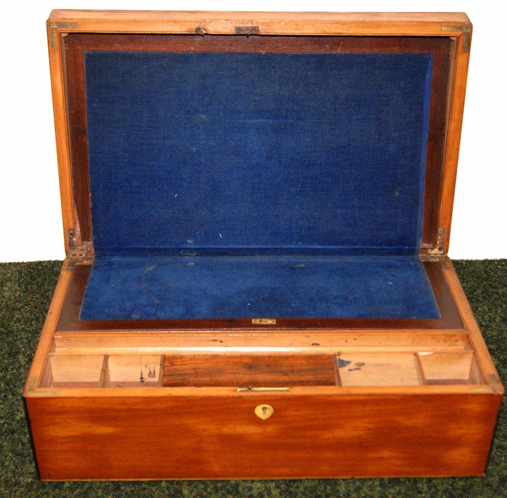 Mahogany cased writing slope with brass inlay and uninscribed plaque