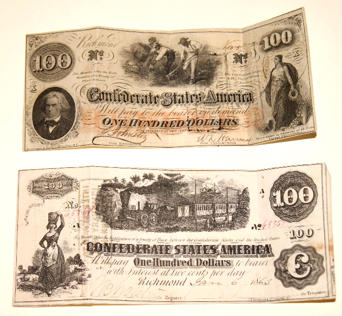 Bank notes - Confederate States of America: hundred Dollar bill, 1863  stamped to the reverse "