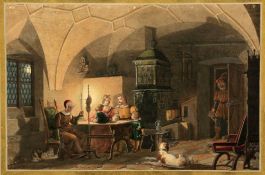 Lorenzo II. Quaglio 1793 München - 1869 München - Abends in der Wohnstube - Aquarell und Tusche/
