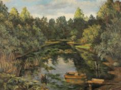 K. Todorov Russischer Künstler des 20. Jahrhunderts - Sommerlicher See mit Boot - Öl/Lwd. 60 x 80