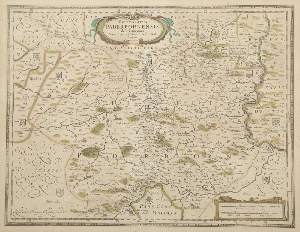Hendrik de Hondt 1597 - 1651 - "Ducatus Westphaliae Pars." - Kolor. Kupferstich. Mittelfalz. 38 x 49