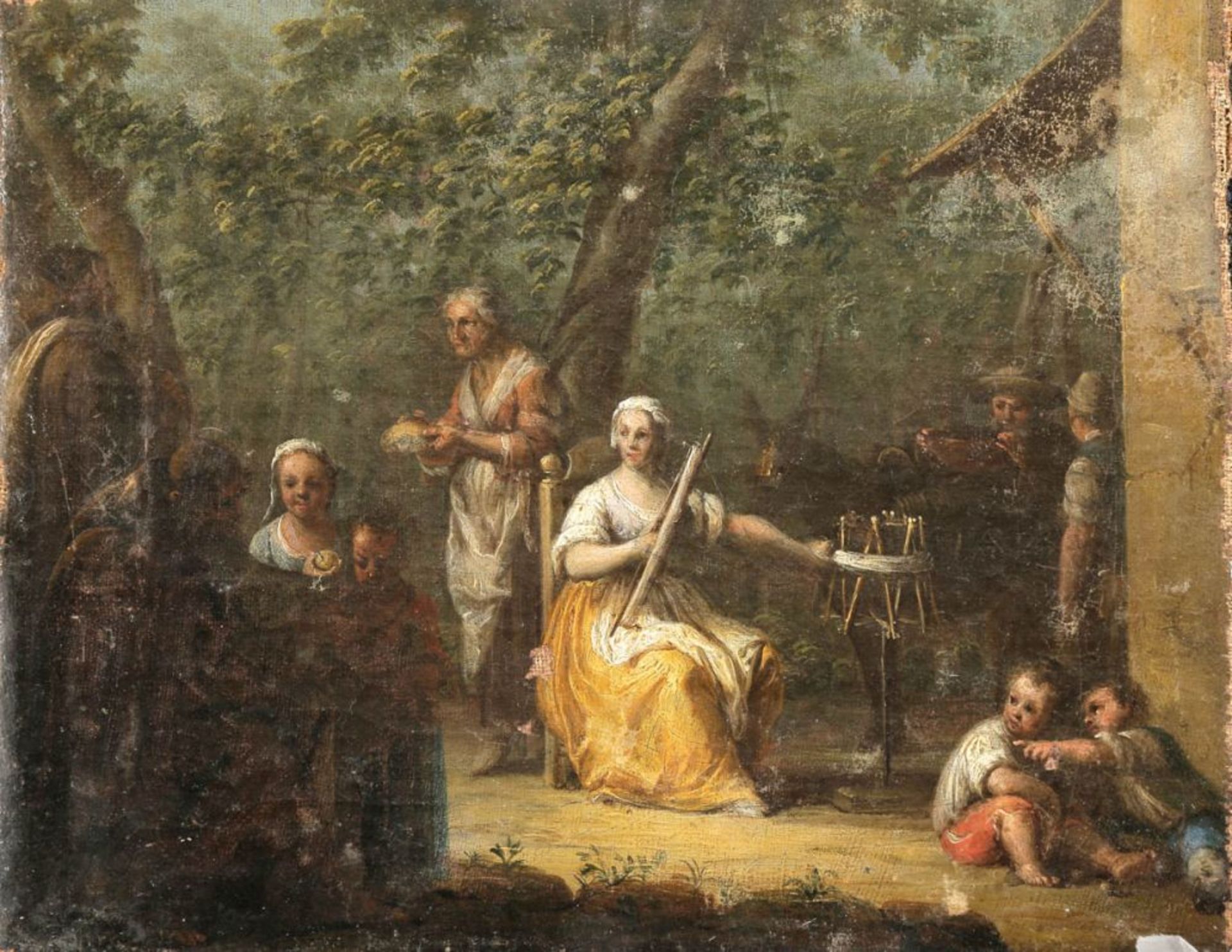 Französischer Maler um 1700 - Dorfszene - Öl/Lwd. 21 x 27 cm. Rest. bed.    Aufrufpreis: 525