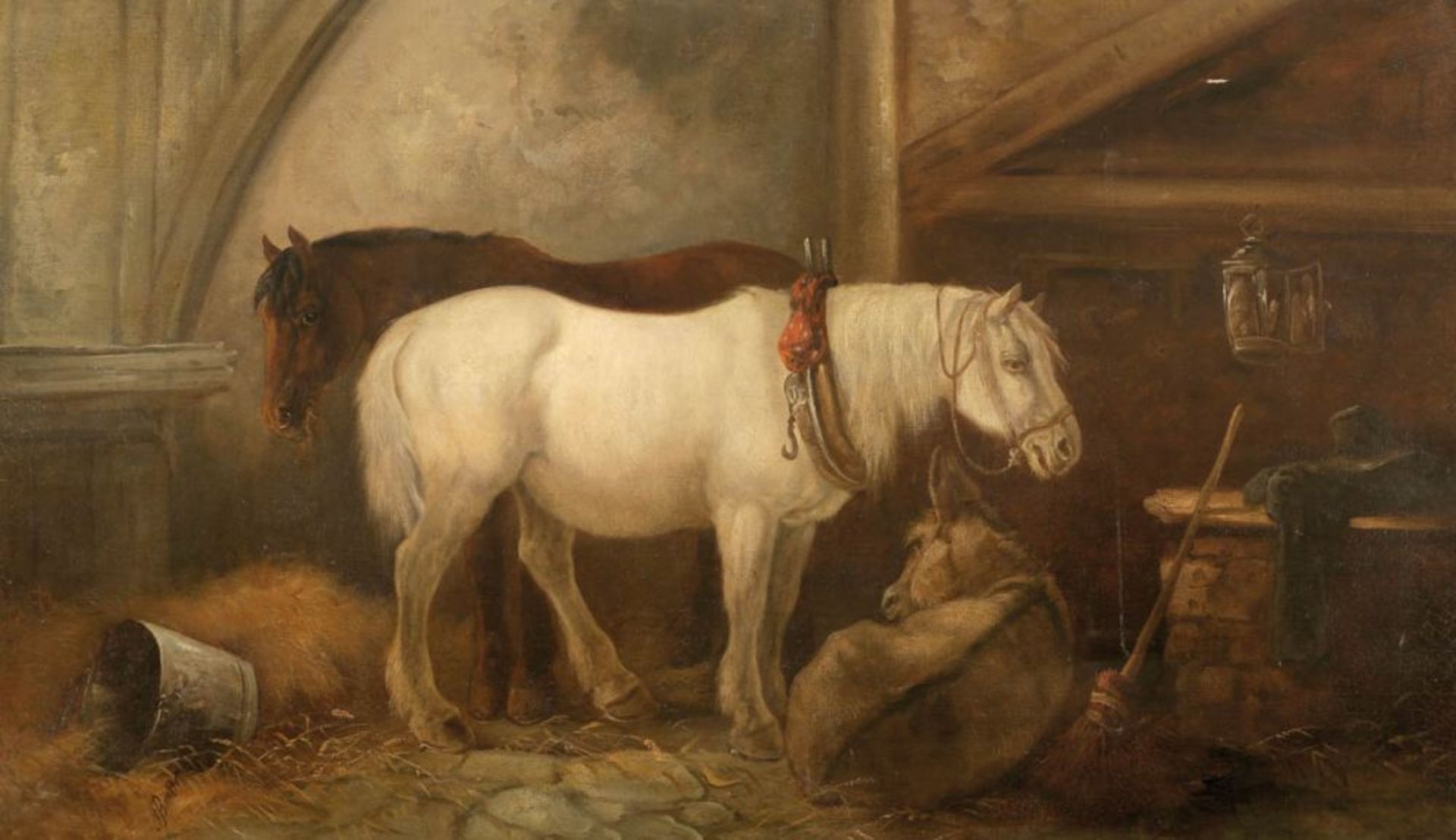 Künstler des 19. Jahrhunderts - Pferde im Stall - Öl/Lwd. 76 x 127 cm. Sign. l. u.: G. Barker (?).