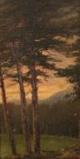 Künstler des 19. Jahrhunderts - Waldlandschaft bei untergehender Sonne - Öl/Holz. 23,7 x 13,1 cm.