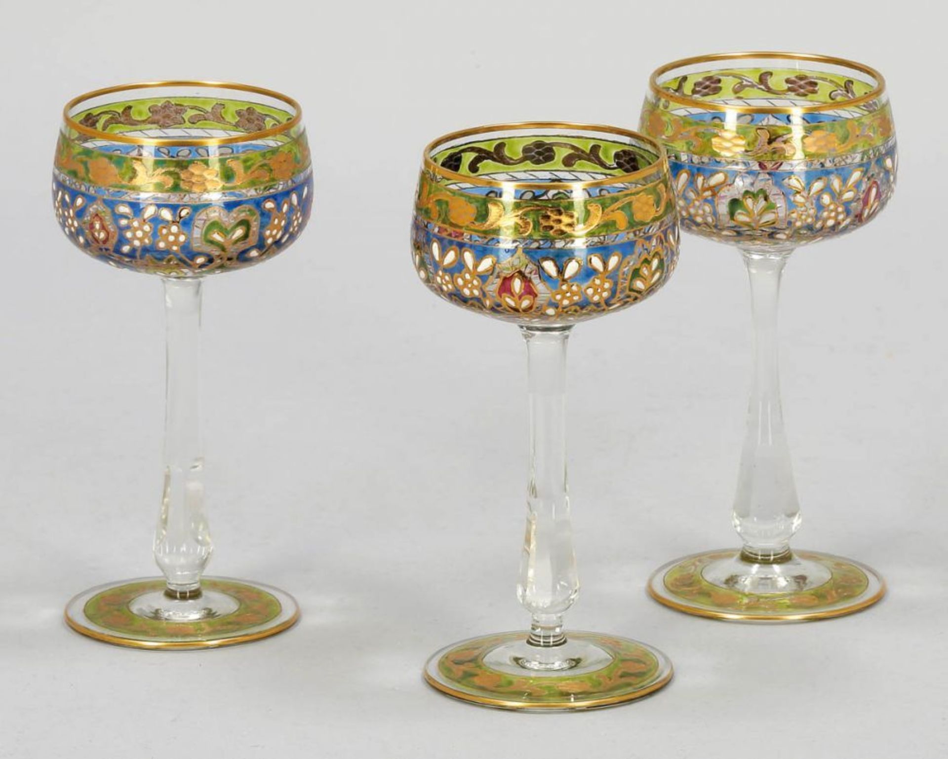 3 Likörgläser "Jodhpur" Petersdorfer Glashütte Fritz Heckert, um 1900. Farbloses Glas.