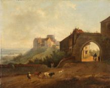 Künstler des 19. Jahrhunderts - Landschaft vor den Toren der Stadt - Öl/Lwd. auf Holz. 32 x 39,5 cm.
