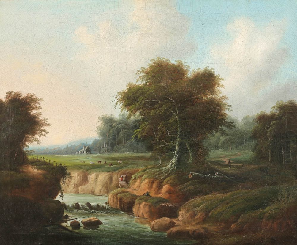 Künstler des 19. Jahrhunderts - Romantische Landschaft mit Figuren und Vieh - Öl/Lwd. 79,5 x 96
