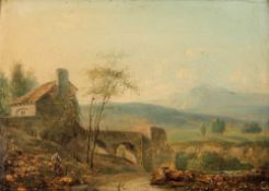 Künstler des 19. Jahrhunderts - Weite Landschaft mit Architektur und Staffage - Öl/Holz. 15,5 x 22