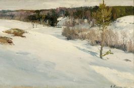 Russischer Künstler des 20. Jahrhunderts - Zwei Winterlandschaften - Öl/Lwd. (2). Je 35,7 x 53,5 cm.