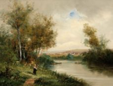 Edma Morisot-Pontillon 1839 Valenciennes - 1921 Paris - Flusslandschaft mit Dorf - Öl/Lwd. 49 x 65