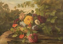 Künstler des 19. Jahrhunderts - Blumenstillleben mit Ranken - Öl/Lwd. 51 x 72,5 cm. Rahmen. Minim.