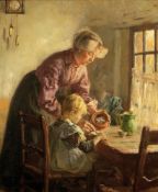 Künstler um 1900 - Holländische Interieurszene mit Mutter und Kind am Tisch - Öl/Lwd. 69 x 57,5