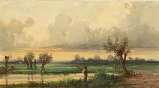 Künstler des 20. Jahrhunderts - Weite Landschaft mit Fischer - Aquarell/Papier. 16,5 x 29,5 cm.