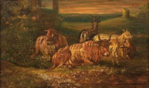 Tiermaler des 19. Jahrhunderts - Ruhende Kühe - Öl/Holz. 20 x 33 cm. Prunkrahmen.    Aufrufpreis: