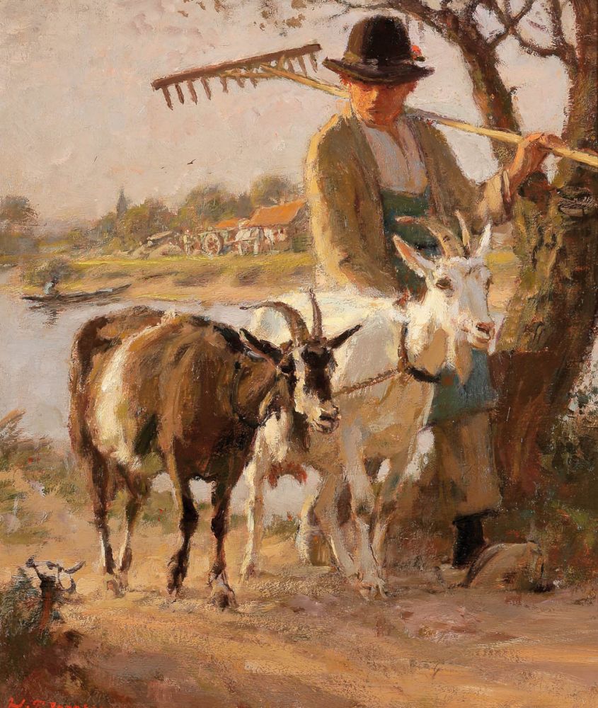 Julius Paul Junghanns 1876 Wien - 1953 Düsseldorf - Hirte und Ziegen - Öl/Hartfaser. 36 x 31 cm.