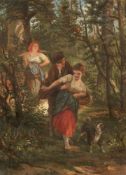 Künstler um 1900 - Jäger und Dirndl im Wald - Öl/Lwd. 59,7 x 45 cm. Rahmen.    Aufrufpreis: 400
