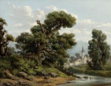 Paul Weber 1823 Darmstadt - 1916 München - Flusslandschaft mit Dorf - Öl/Lwd. auf Holz. 19,5 x 25,