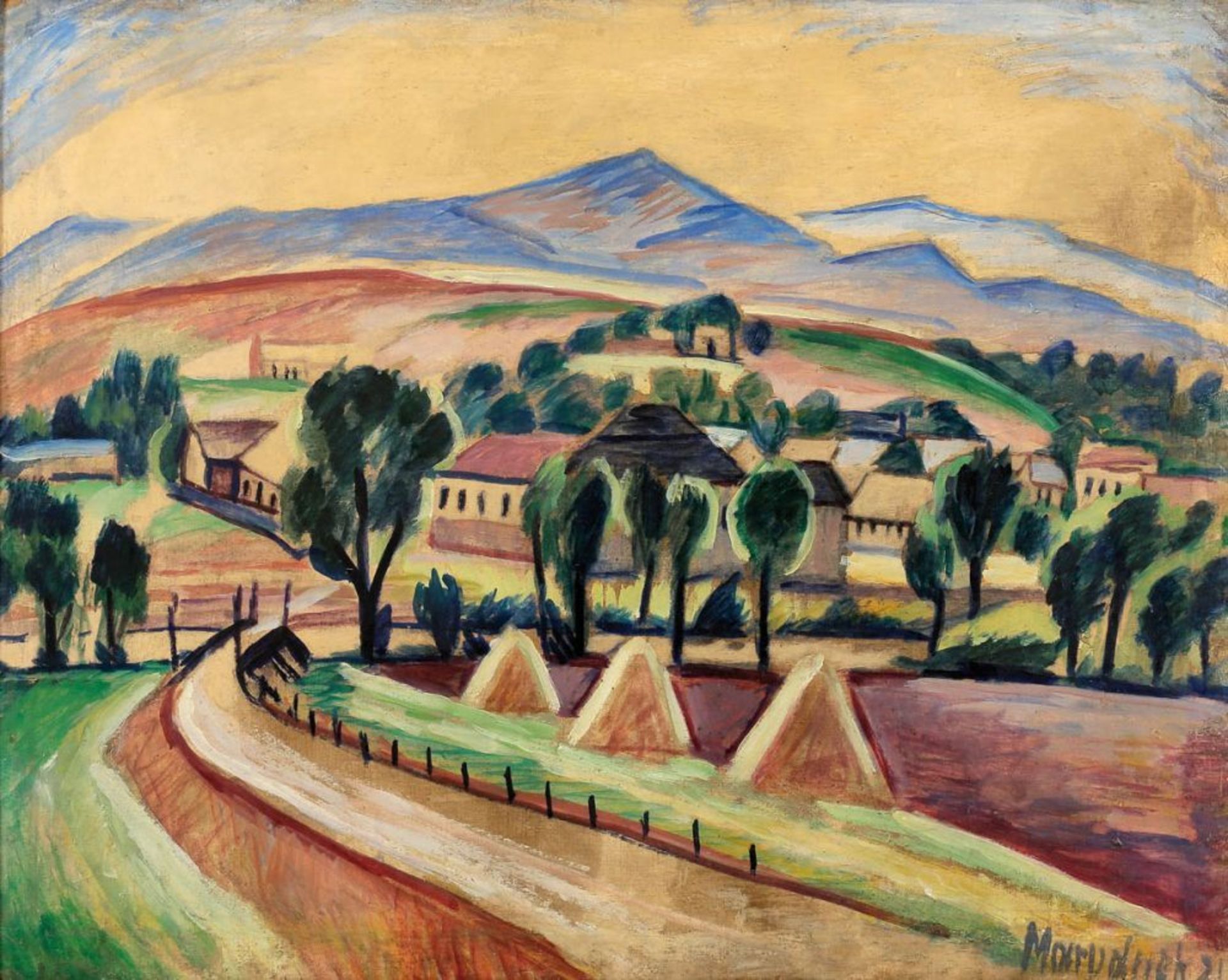 Otakar Marvanek 1884 - 1921 - Hügelige Landschaft mit Häusern - Öl/Lwd. 59 x 74,5 cm. Sign. und dat.