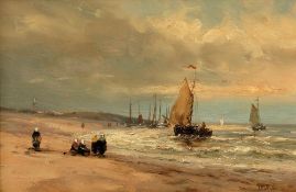 Künstler um 1900 - Meeresküste mit Fischern - Öl/Holz. 13 x 20,5 cm. Undeutl. sign. r. u. Rahmen.