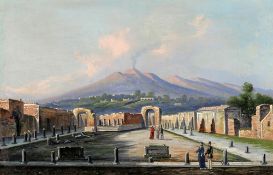 Künstler des 19. Jahrhunderts - Pompeji mit dem Vesuv - Öl/Lwd. 50 x 76,5 cm. Rahmen.