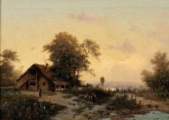 J. Baier Künstler des 19. Jahrhunderts - Bauernhaus am See - Öl/Lwd. 42,5 x 58,4 cm. Sign. l. u.: