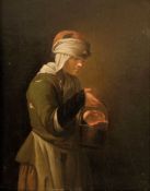 Deutscher Genremaler des 18. Jahrhunderts - Frau mit Heizkessel - Öl/Holz. 31,5 x 25,5 cm. Rahmen.