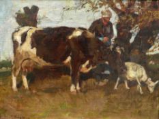 Julius Paul Junghanns 1876 Wien - 1953 Düsseldorf - Bäuerin mit Kuh und Ziege - Öl/Lwd. 29,2 x 39,