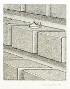 Konrad Klapheck 1935 Düsseldorf - "Schelle auf Terrassen" - Radierung/Bütten. 12,2 x 10,2 cm, 26,5 x