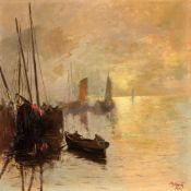 Josef Svoboda geb. 1901 - Fischerboote in der Abendsonne - Öl/Lwd. auf Hartfaser. 89,5 x 89,5 cm.