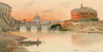 Künstler des 19. Jahrhunderts - Die Engelsburg und die Engelsbrücke in Rom - Aquarell/Bütten. 15 x