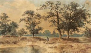 Künstler des 19. Jahrhunderts - Zwei Landschaftsdarstellungen: Forsthaus und Jäger - Öl/Papier und