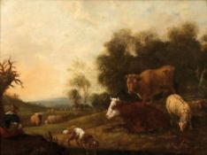 Nicolas de Fassin 1728 - 1811 Umkreis - Blick in eine weite Landschaft mit Hirte und Vieh - Öl/Holz.