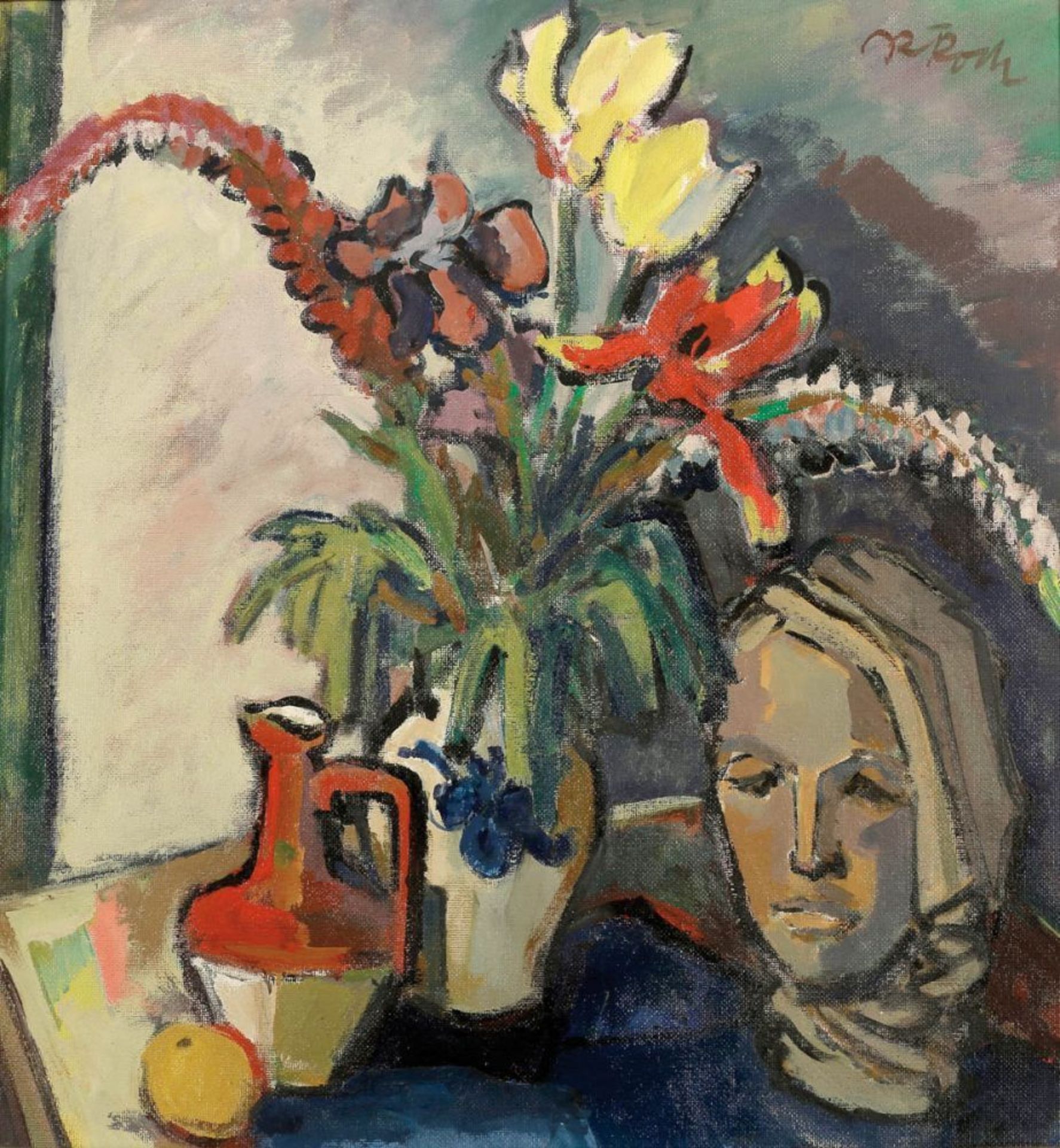 Rudolf Koch 1902 Braunschweig - 1985 - Stillleben mit Blumen und Frauenkopf - Öl/Hartfaser. 80 x