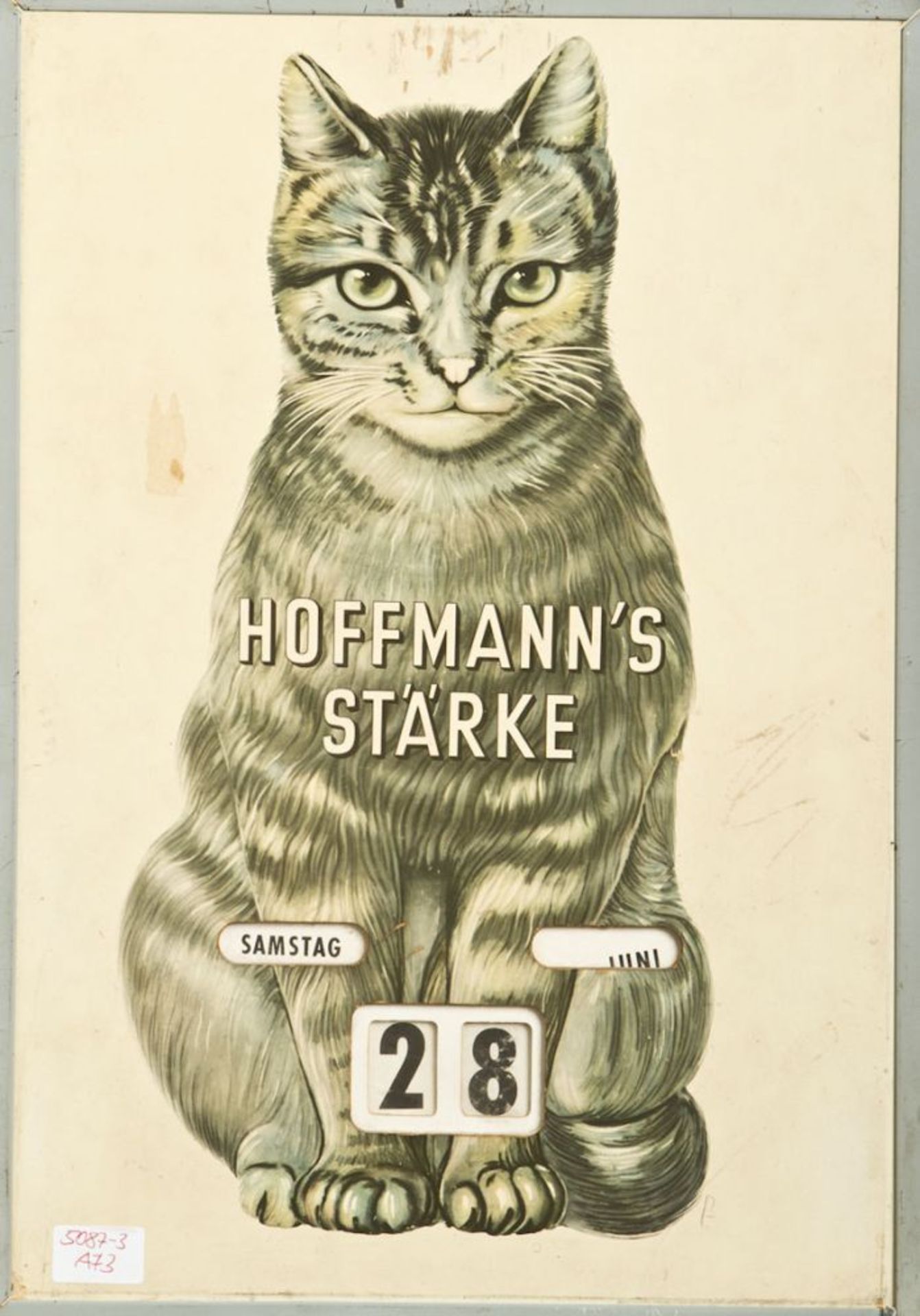 Katzenkalender "Hoffmann`s Stärke", wohl 1950er Jahre, seitl. drehbare Kalendereinstellung, rücks.