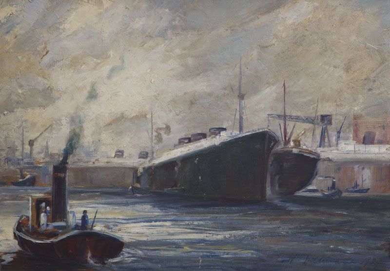 Holtmann, Willi (1908 - 1984/Duisburg), Öl/Holzplatte, Hamburger Hafenansicht m. Dampfschiffen vor