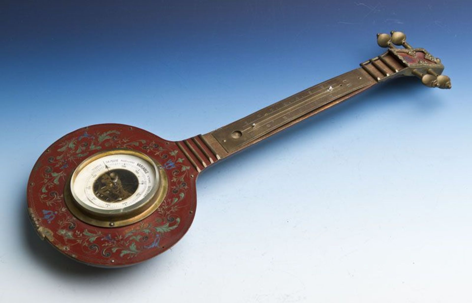 Baro- bzw. Thermometer in Form einer Mandoline (Therm. defekt, Röhrchen fehlt), 19. Jahrh. L. ca. 47