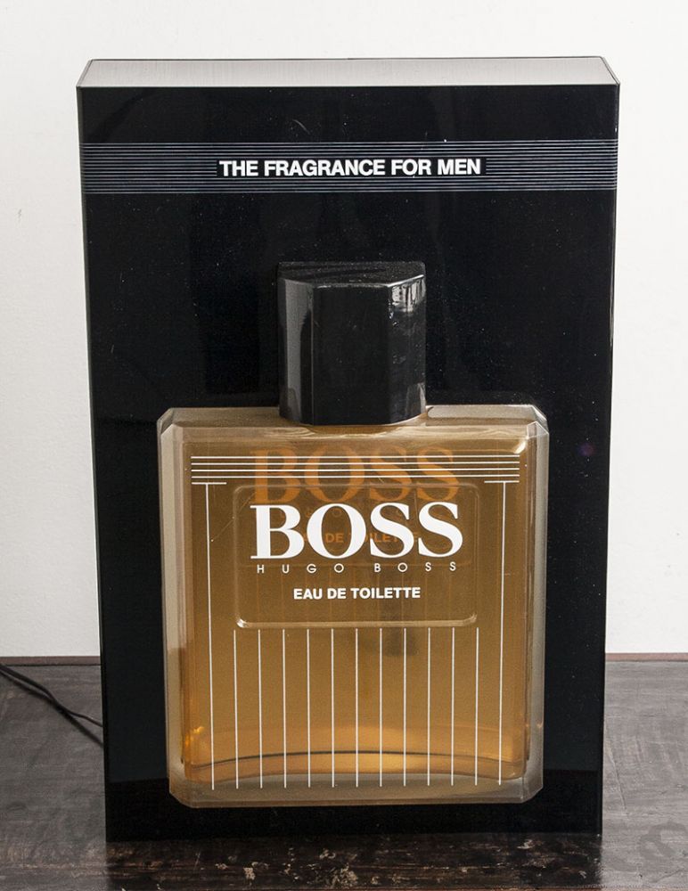 Leuchtreklame, "Hugo Boss - Eau de toilette - The Frangrance for men", Kunststoff, schw., elektr.,